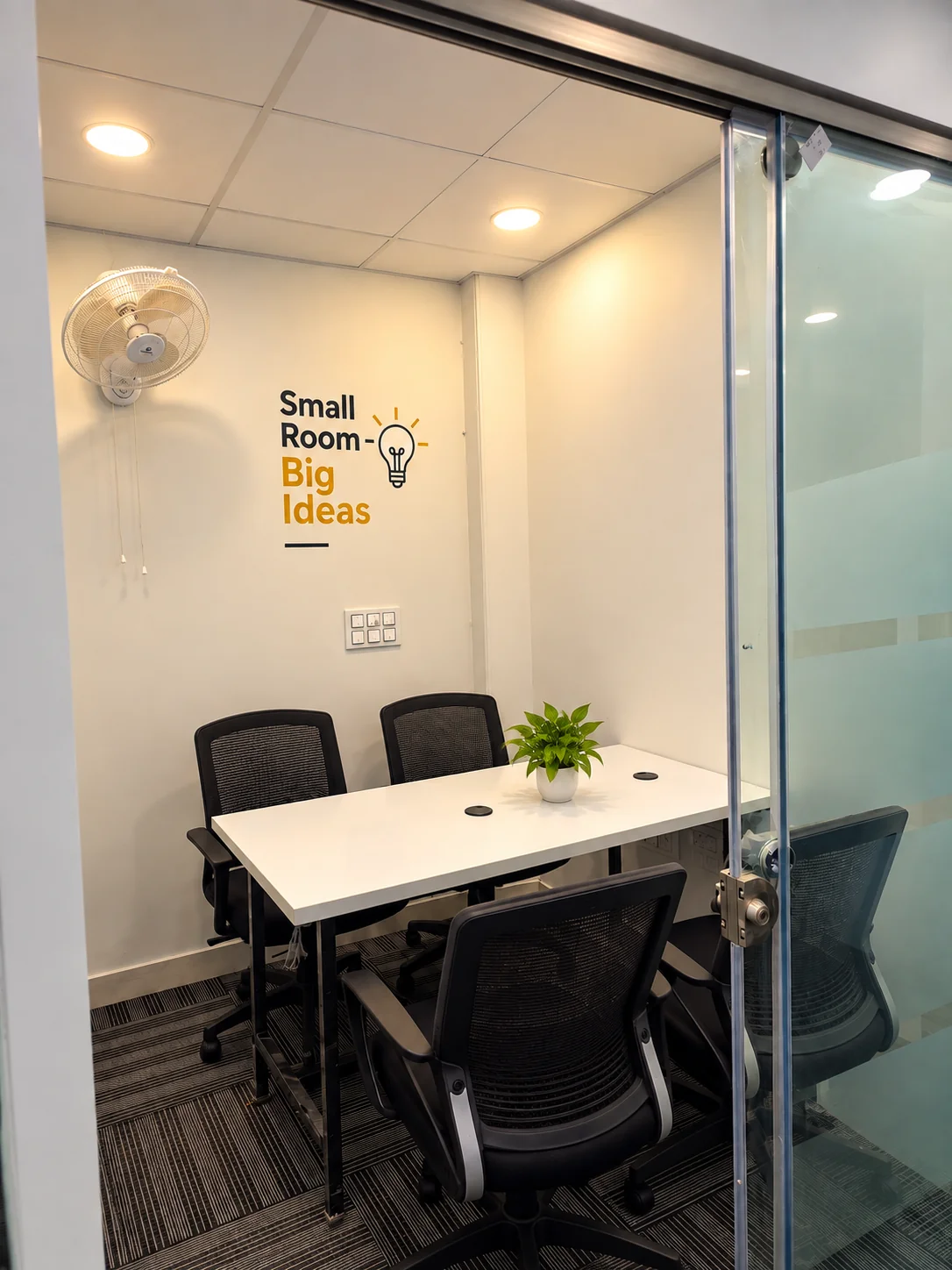 Glass-fronted four-seater private cabin at Dansa Coworks, Rohini